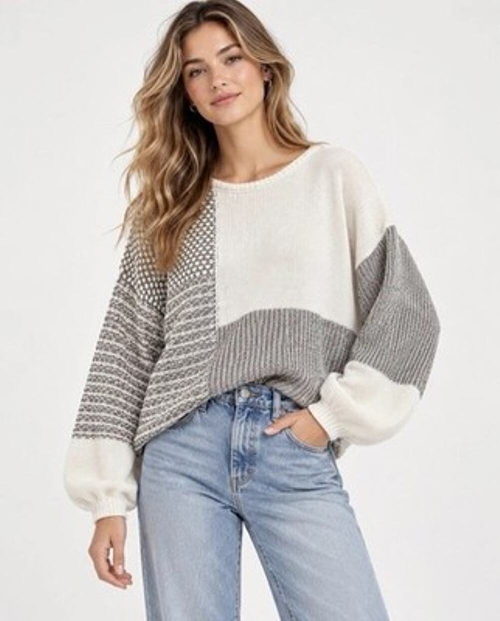 Blue Pepper Marled ColorBlock Sweater Sz L Neutral Boho Slouchy NWT Nordstroms